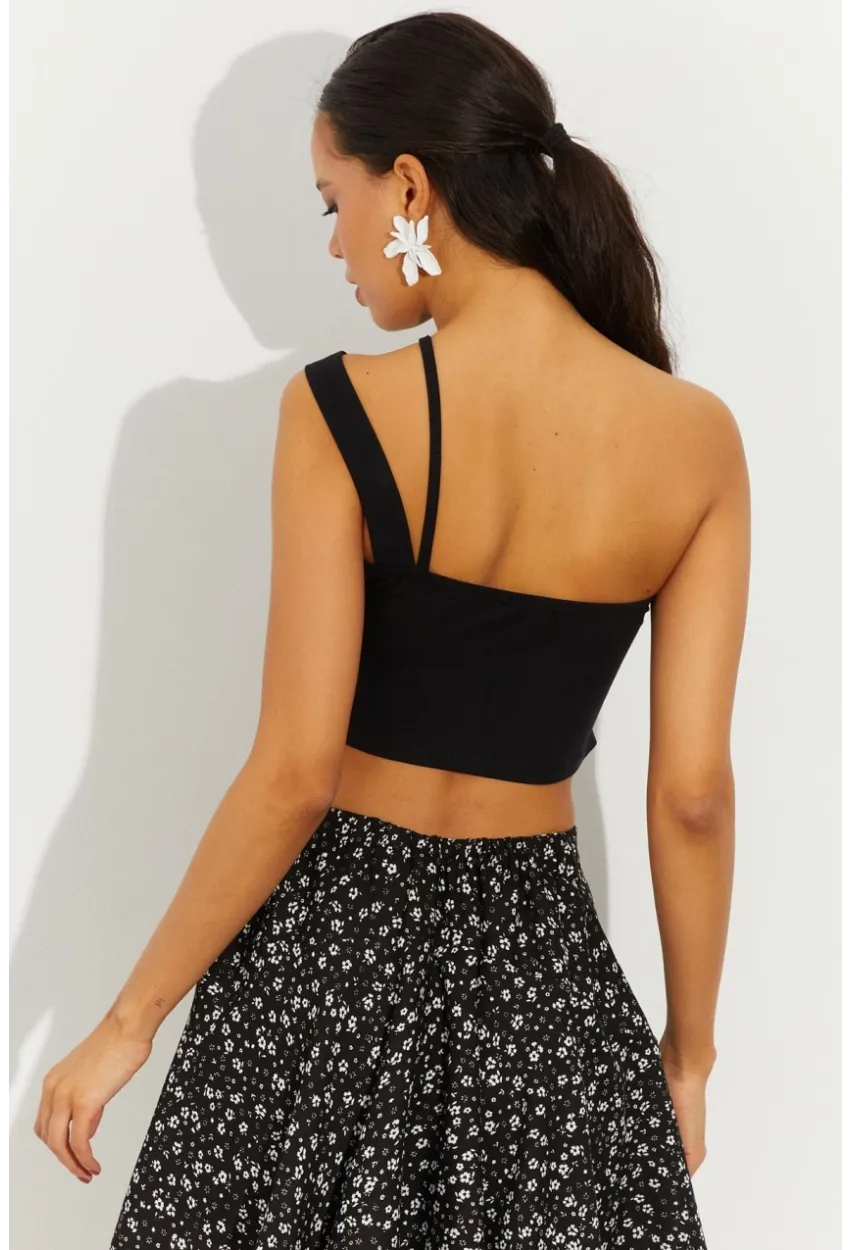 Kadın Siyah Sırtı Çapraz Crop Bluz B2550