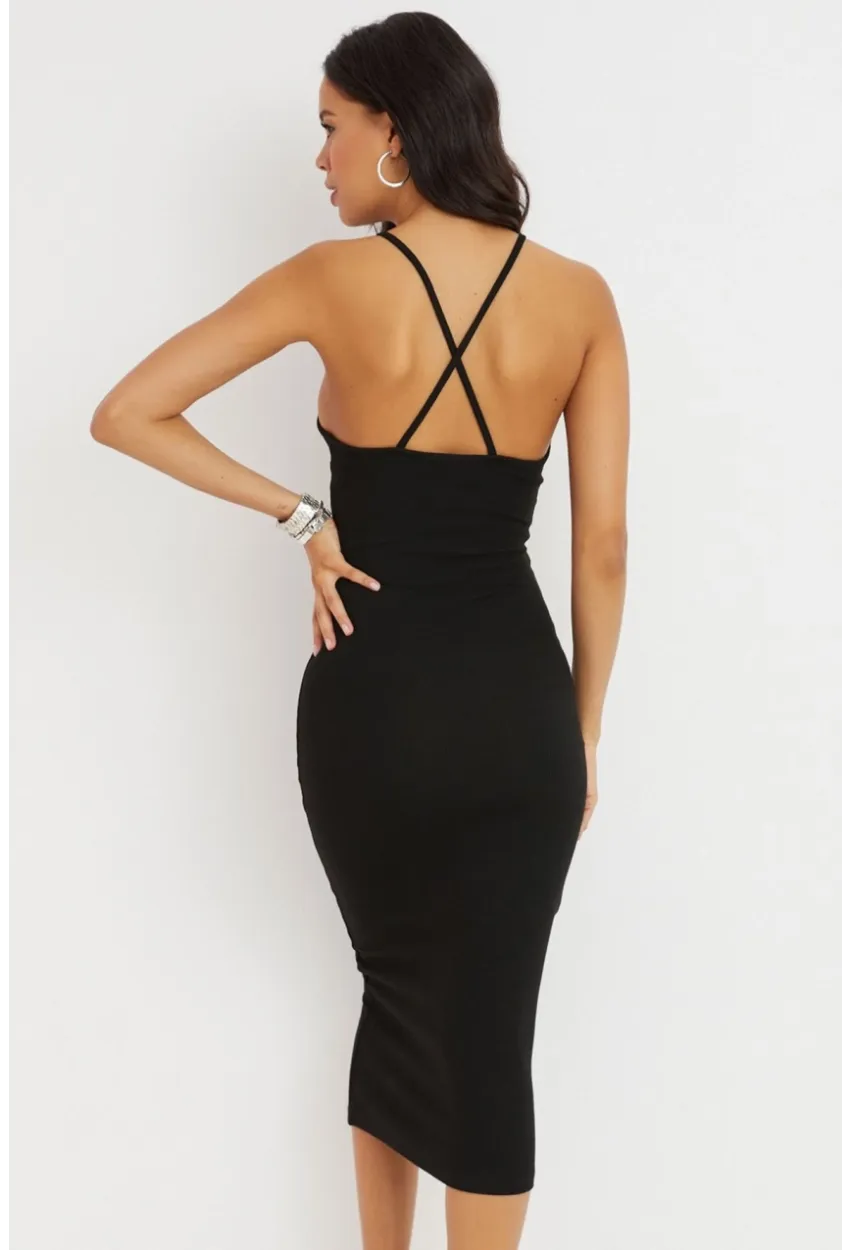 Kadın Siyah Sırtı Çapraz Kaşkorse Maxi Elbise Yİ2218