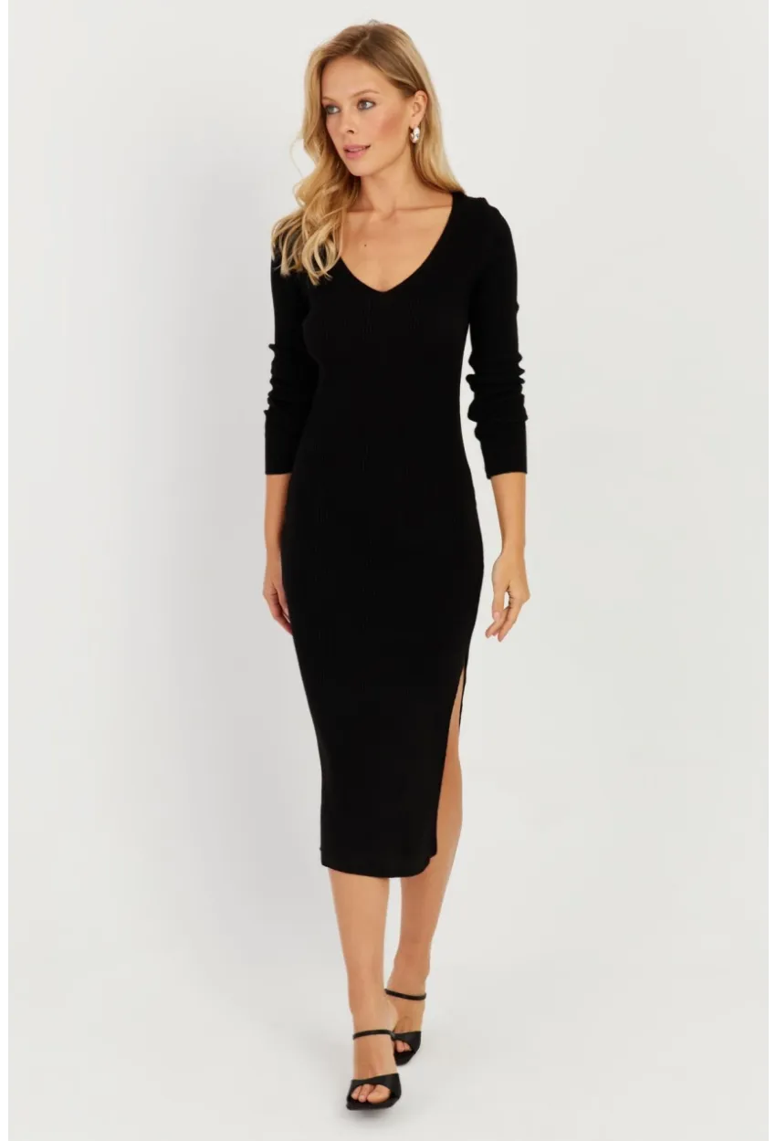 Kadın Siyah Sırtı Çapraz Triko Midi Elbise YZ407
