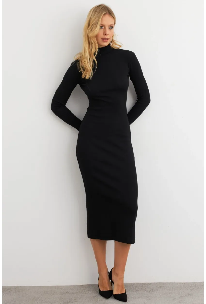 Kadın Siyah Sırtı Dekolteli Boğazlı Midi Elbise EY3012
