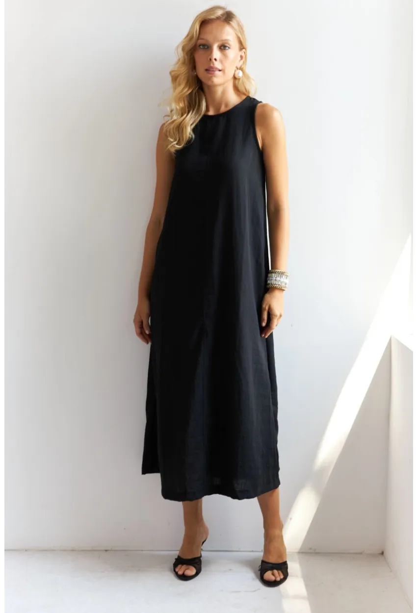 Kadın Siyah Sırtı Düğmeli Midi Keten Elbise DMR353