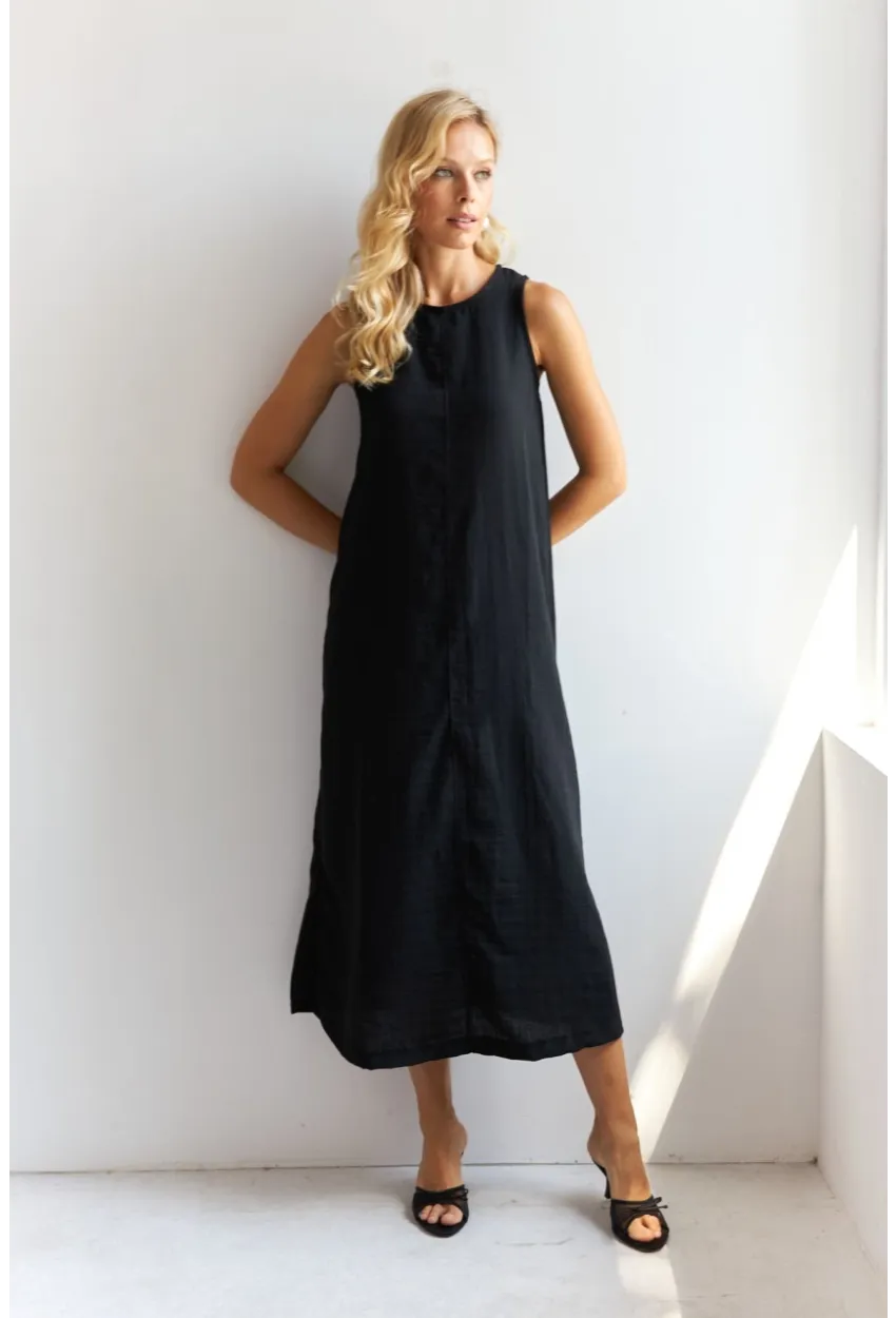 Kadın Siyah Sırtı Düğmeli Midi Keten Elbise DMR353