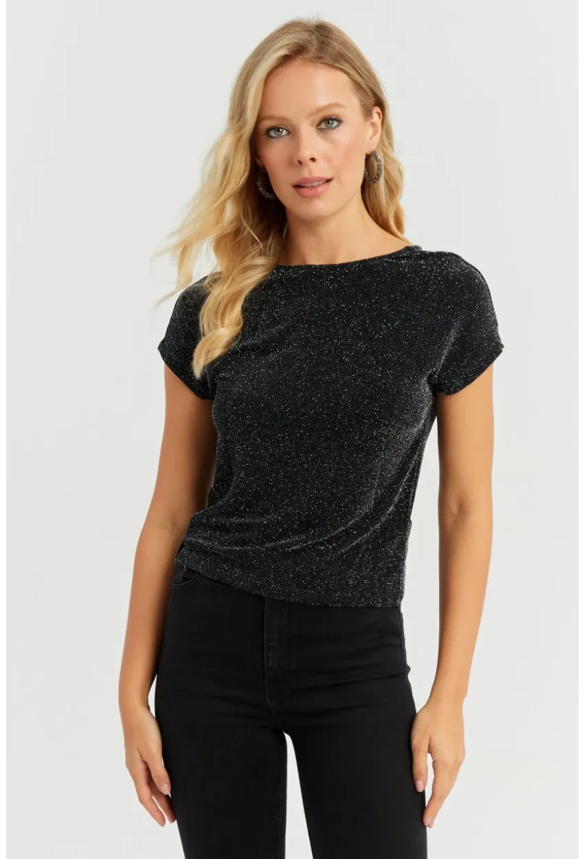 Kadın Siyah Sırtı Dügümlü Simli Bluz LPP1251