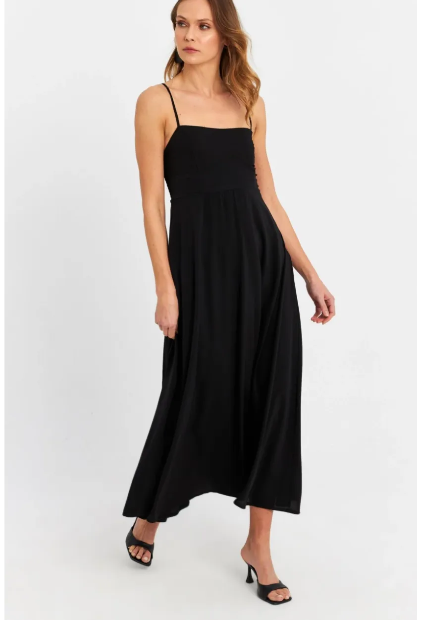 Kadın Siyah Sırtı Gipeli Astarlı Midi Elbise ERL10047