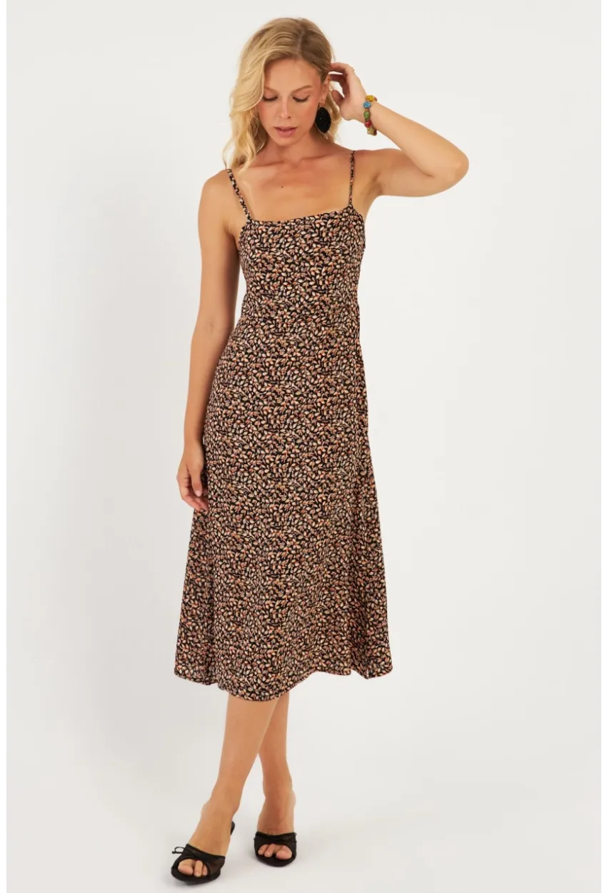 Kadın Siyah Sırtı Gipeli Desenli Midi Elbise MP427