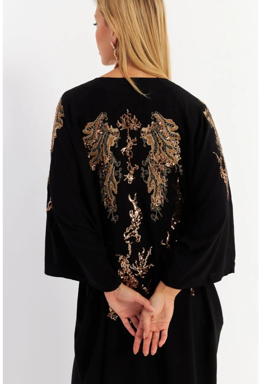 Kadın Siyah Sırtı Nakışlı Düğmeli Maxi Elbise ALO16