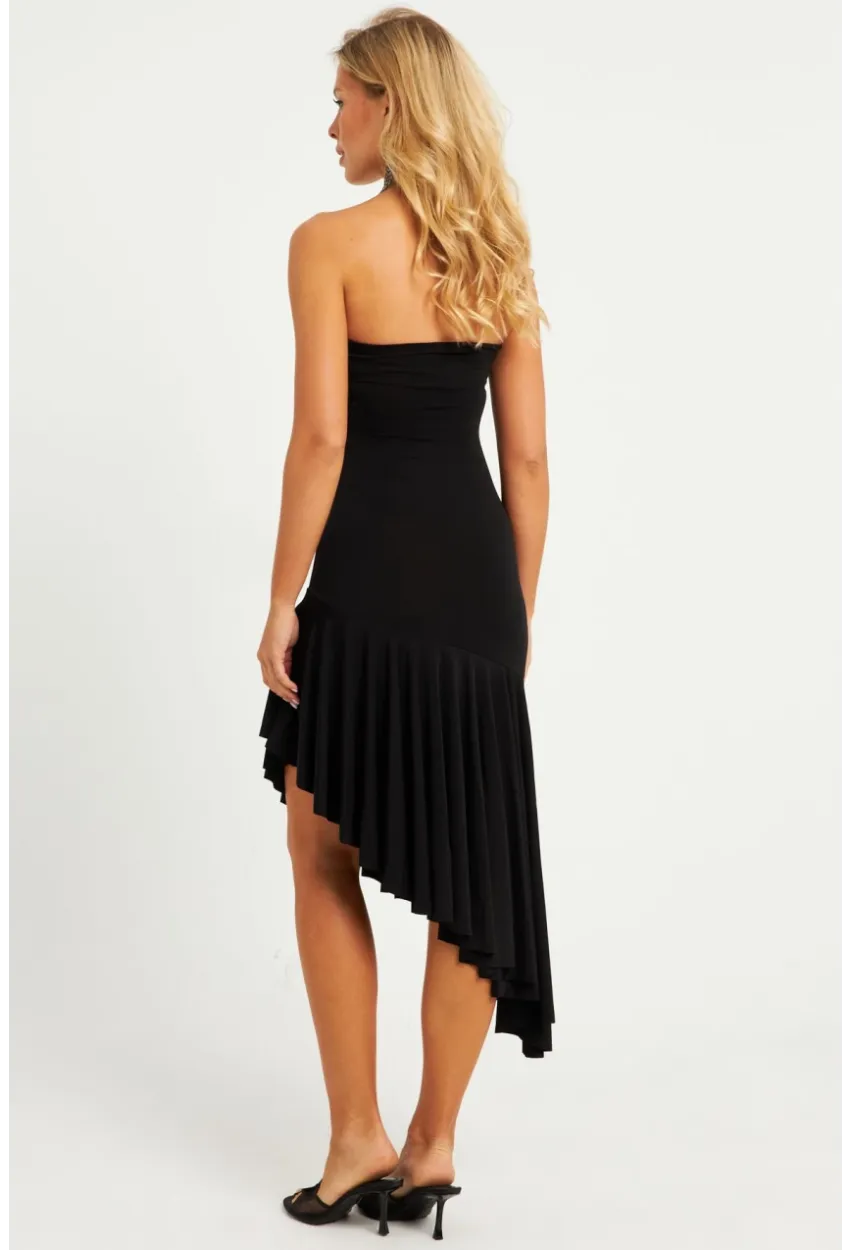 Kadın Siyah Straplez Asimetrik Midi Elbise DMR337