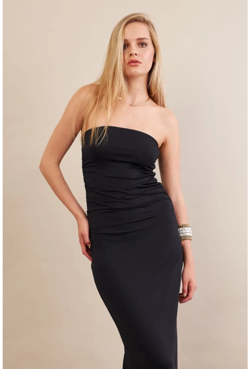 Kadın Siyah Straplez Büzgülü Midi Elbise MX2005