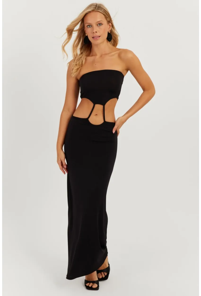 Kadın Siyah Straplez Midi Elbise MEN2037