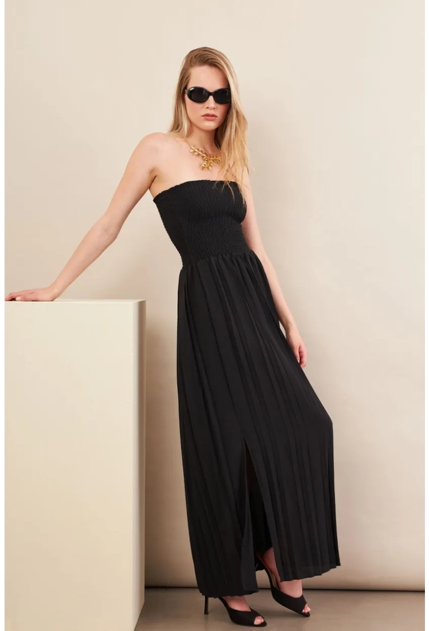 Kadın Siyah Straplez Yaka Midi Elbise MSİ100