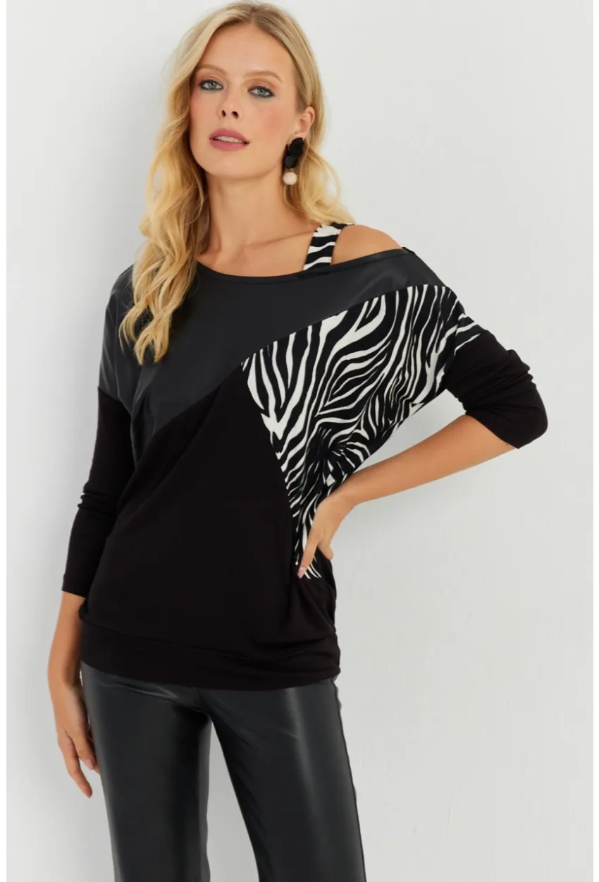 Kadın Siyah Suni Deri Bloklu Bluz ST828