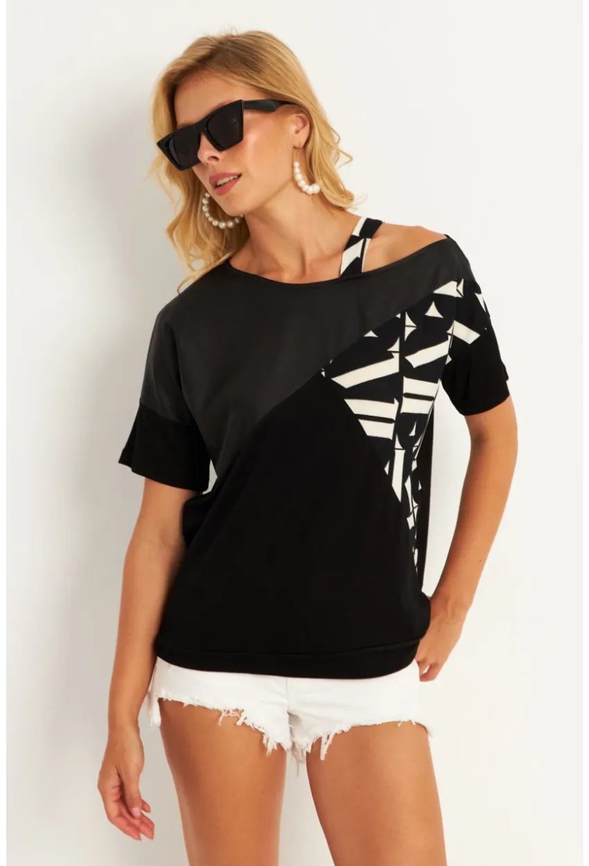 Kadın Siyah Suni Deri Bloklu Bluz ST837