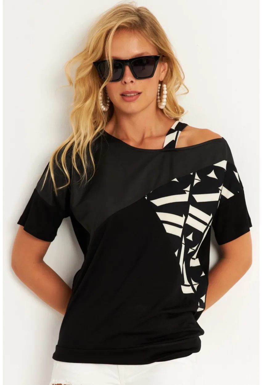 Kadın Siyah Suni Deri Bloklu Bluz ST837