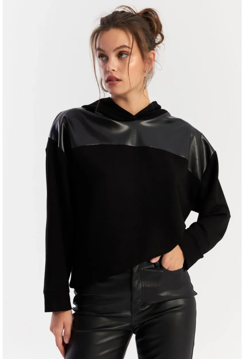 Kadın Siyah Suni Deri Bloklu Kapüşonlu Sweatshirt ST838