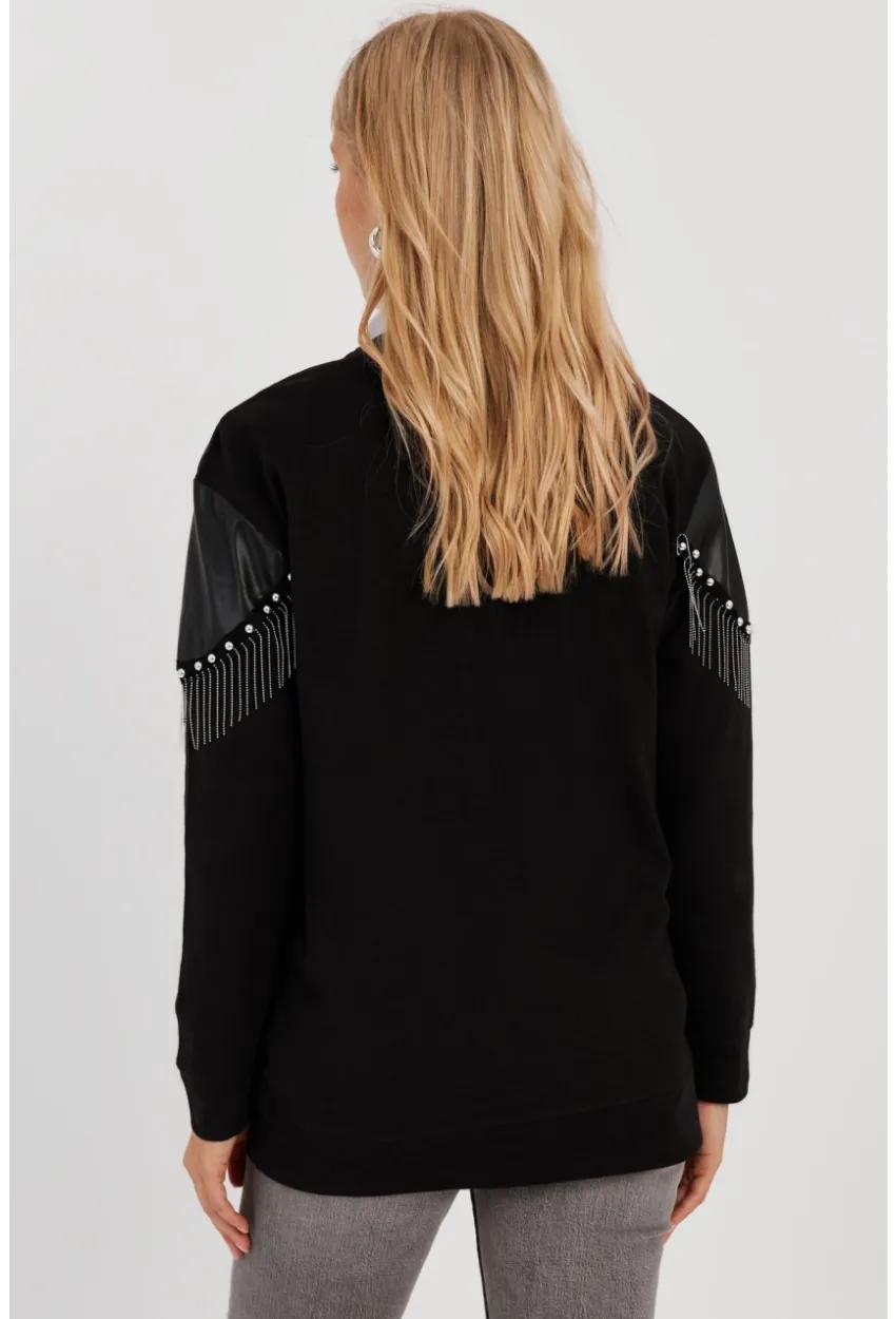 Kadın Siyah Suni Deri Bloklu Sweatshirt PKA807