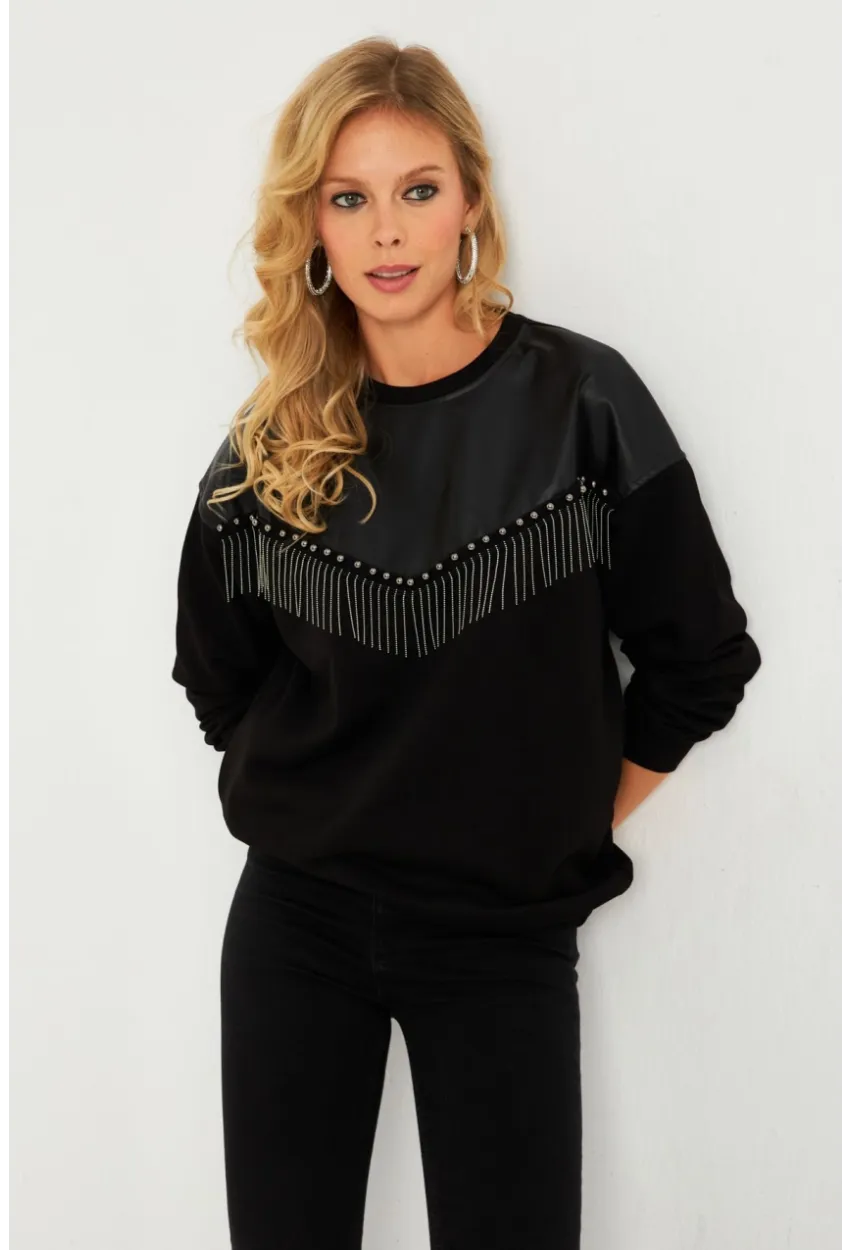 Kadın Siyah Suni Deri Bloklu Sweatshirt PKA808