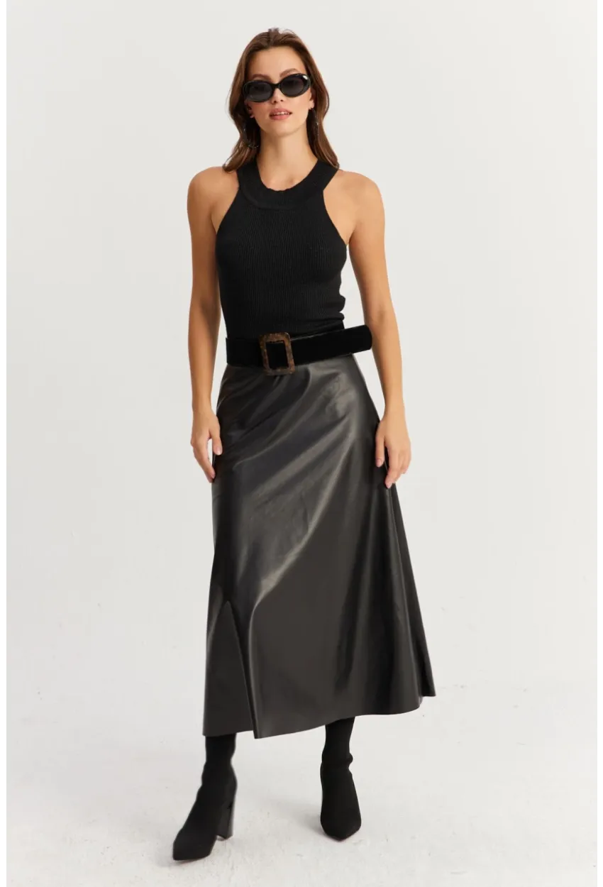 Kadın Siyah Suni Deri Çan Etek ELA113