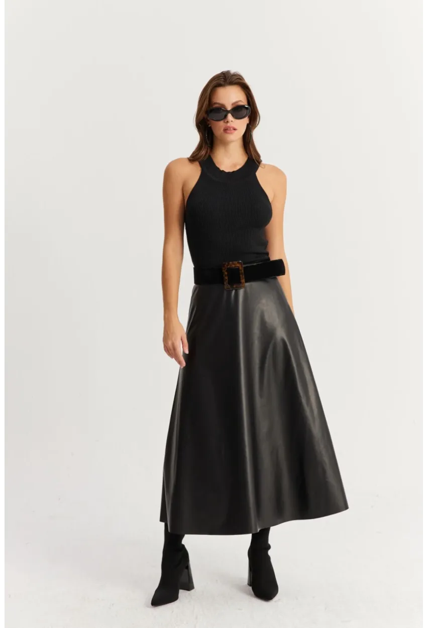 Kadın Siyah Suni Deri Çan Etek ELA113