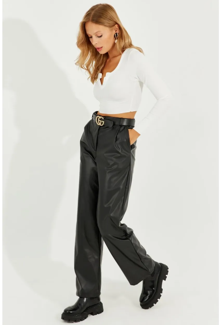 Kadın Siyah Suni Deri Cepli Pantolon RMZ21098