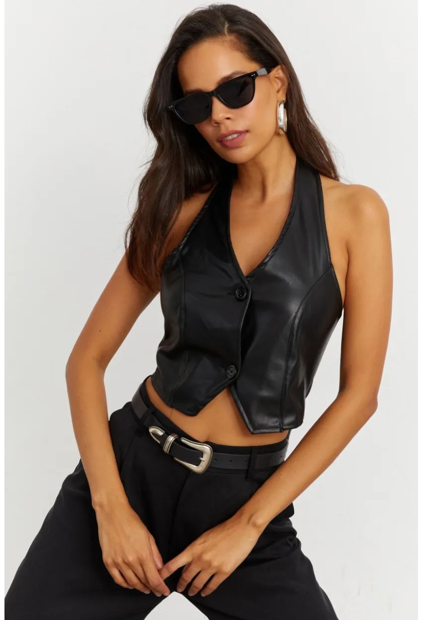 Kadın Siyah Suni Deri Crop Yelek NH41