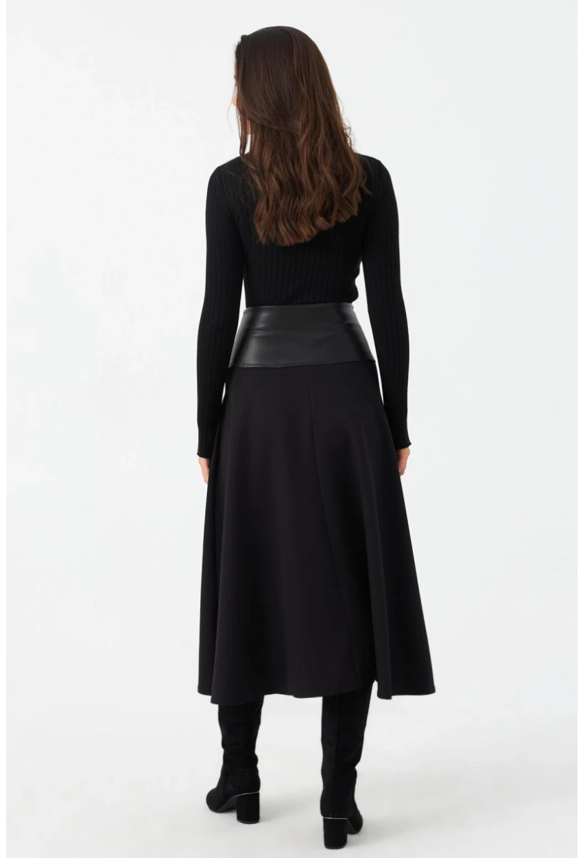 Kadın Siyah Suni Deri Detaylı Çan Etek MNH500