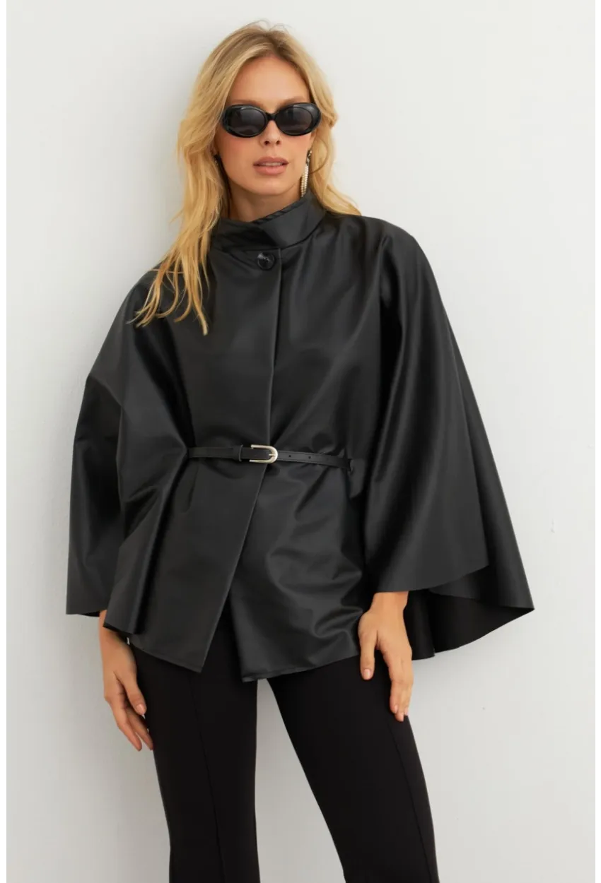 Kadın Siyah Suni Deri Kemerli Panço ELA3084-90