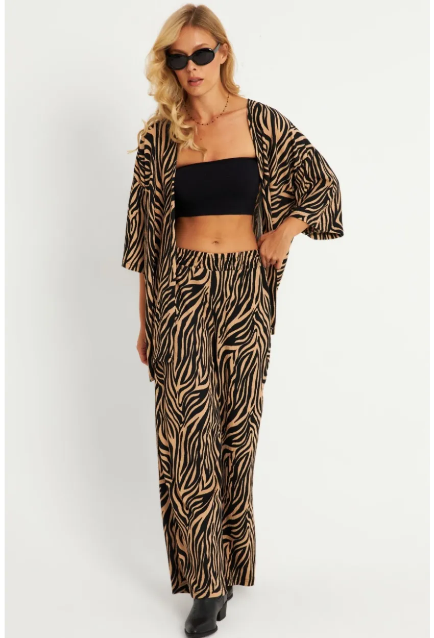 Kadın Siyah -Tarçın Desenli Bürümcük Alt Üst  Takım LON3004