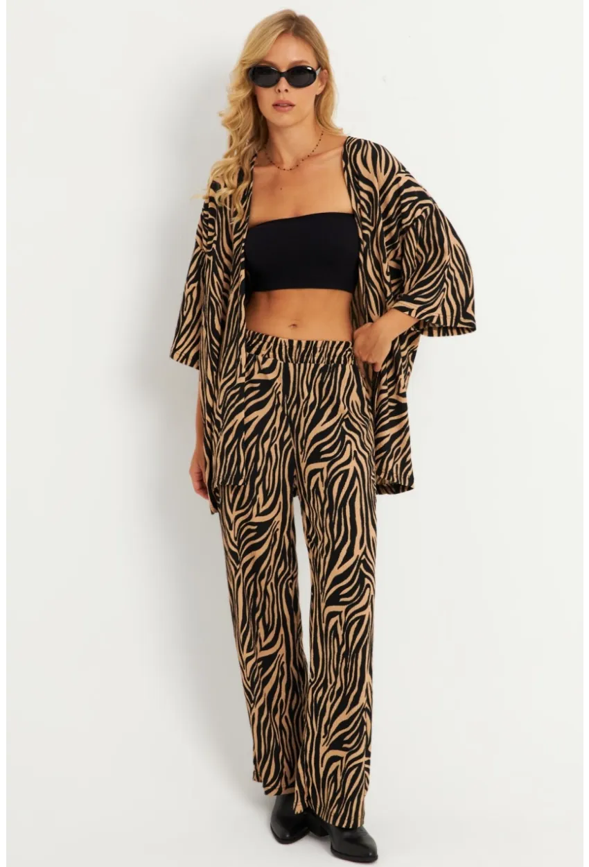 Kadın Siyah -Tarçın Desenli Bürümcük Alt Üst  Takım LON3004