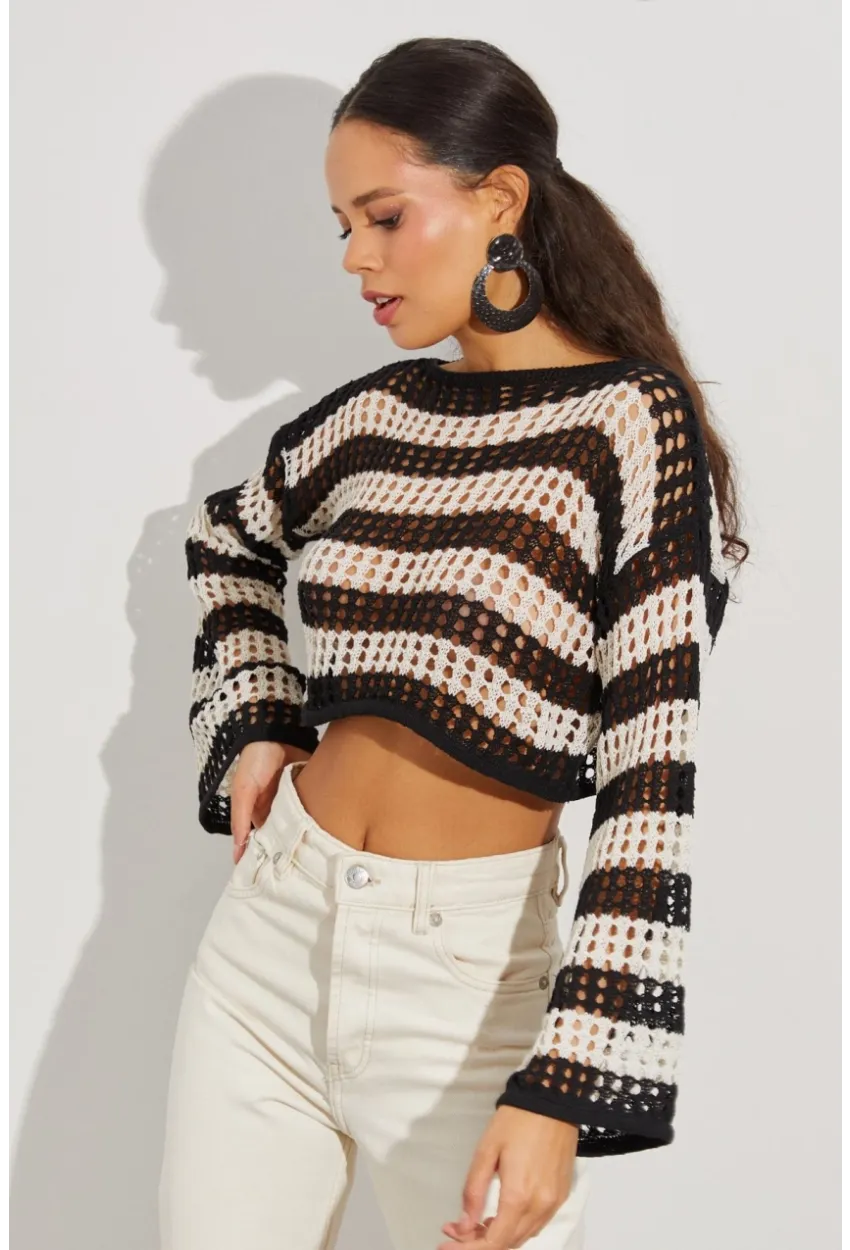 Kadın Siyah-Taş Ajurlu Crop Triko Bluz YV137