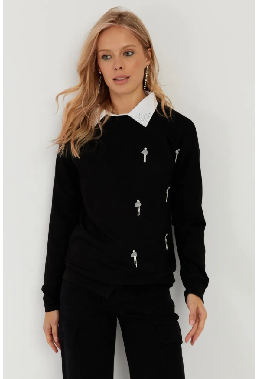 Kadın Siyah Taşlı Bluz MST6024