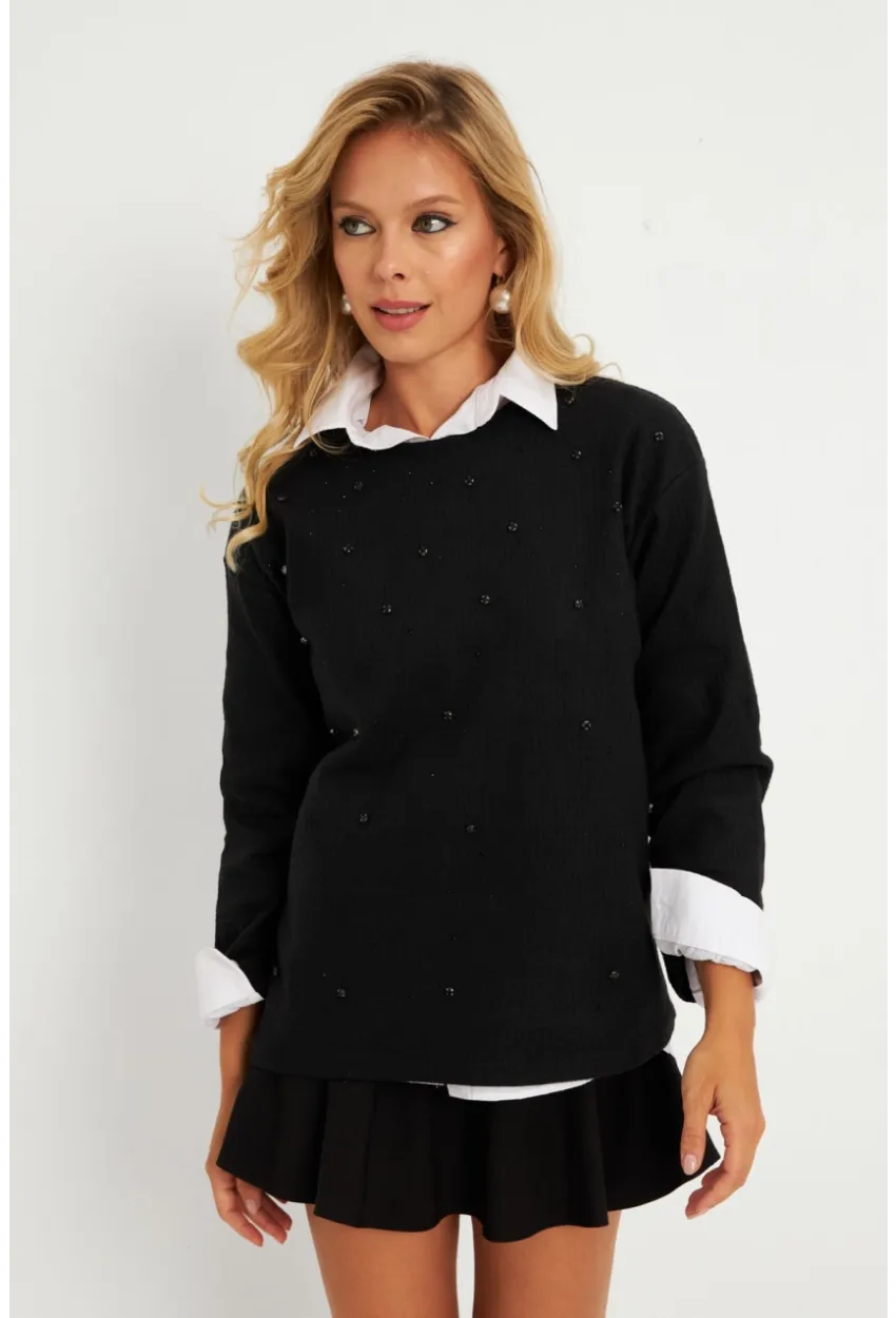 Kadın Siyah Taşlı Bluz YLE41