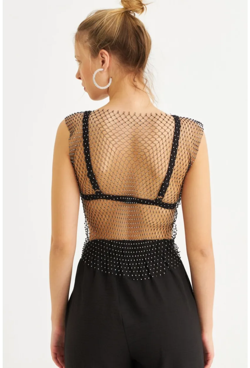 Kadın Siyah Taşlı File Bluz YEL221465