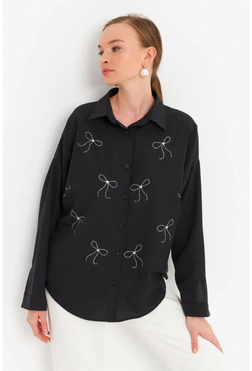 Kadın Siyah Taşlı Gömlek MZER426