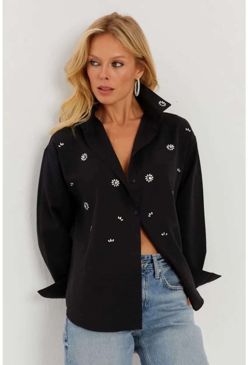 Kadın Siyah Taşlı Gömlek SF2550