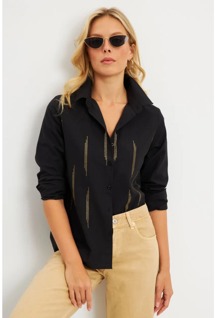 Kadın Siyah Taşlı Gömlek ZER404