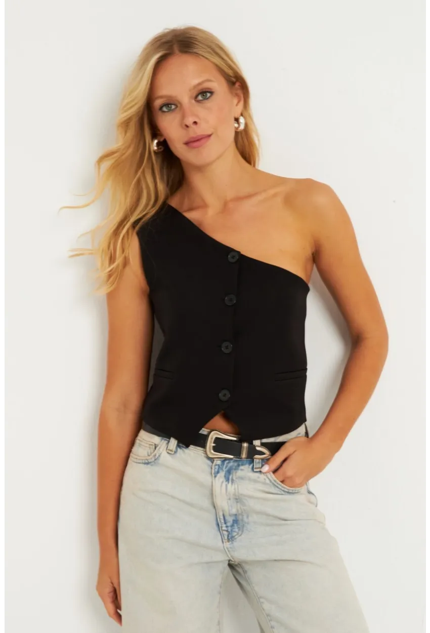 Kadın Siyah Tek Omuz Astarlı Yelek TW60140