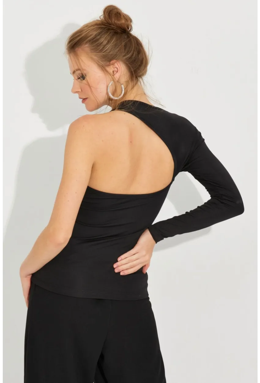 Kadın Siyah Tek Omuz Bluz EY2588