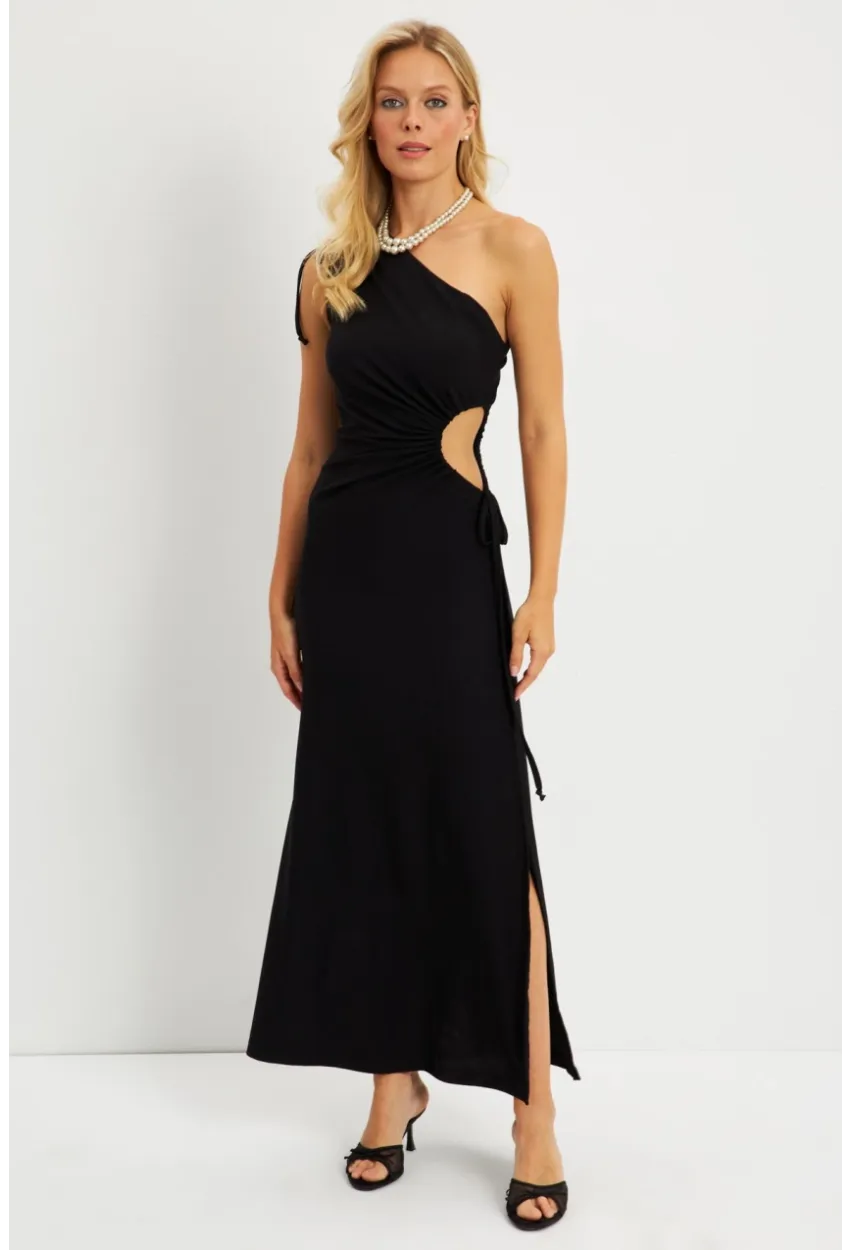 Kadın Siyah Tek Omuz Bürümcük Midi Elbise EY2786