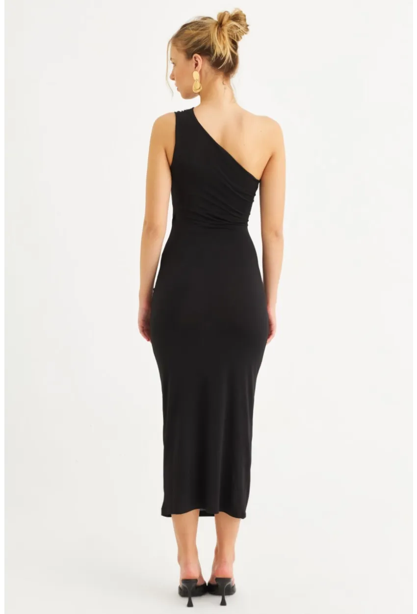 Kadın Siyah Tek Omuz Büzgülü Midi Elbise DMR294-90
