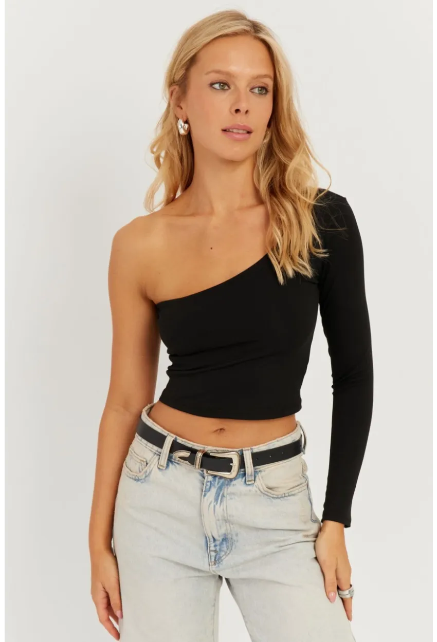 Kadın Siyah Tek Omuz Crop Bluz CY445