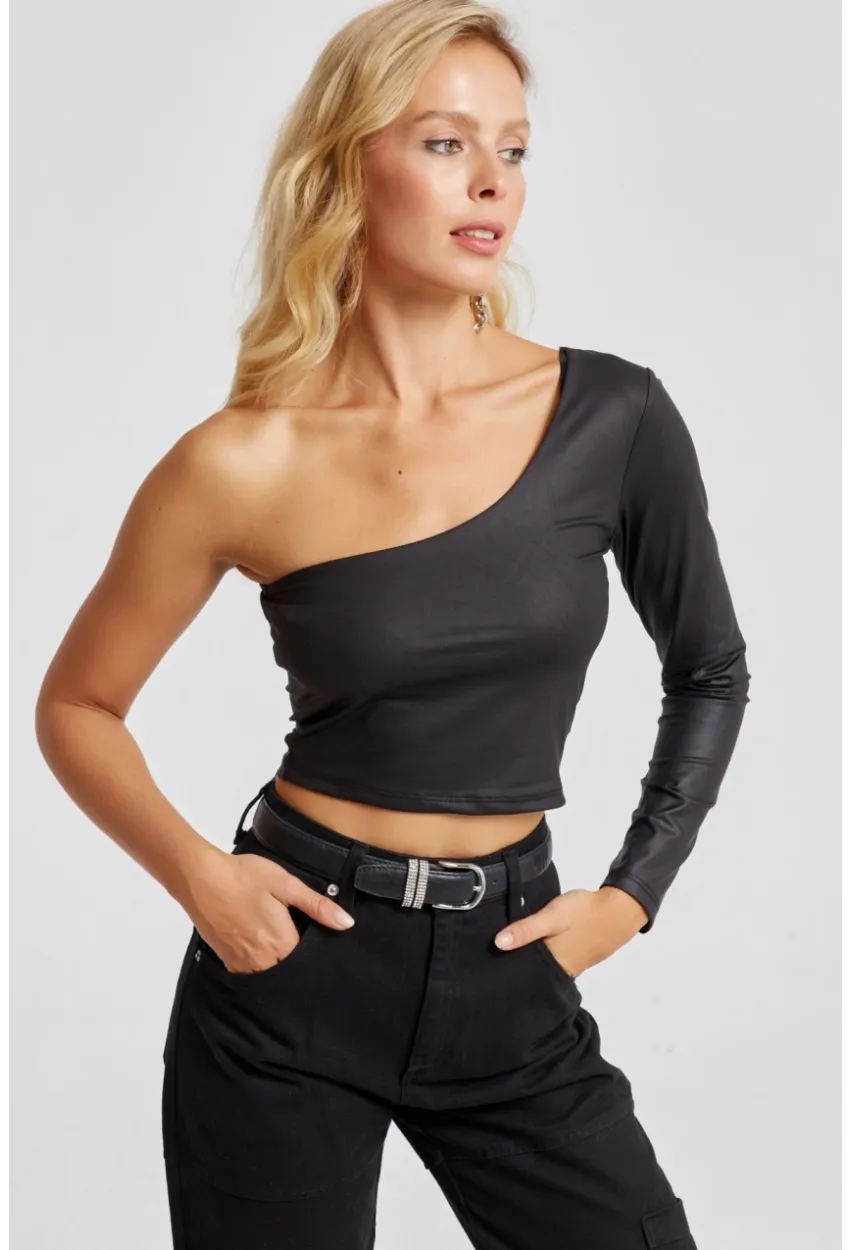 Kadın Siyah Tek Omuz Suni Deri Crop Bluz CY442