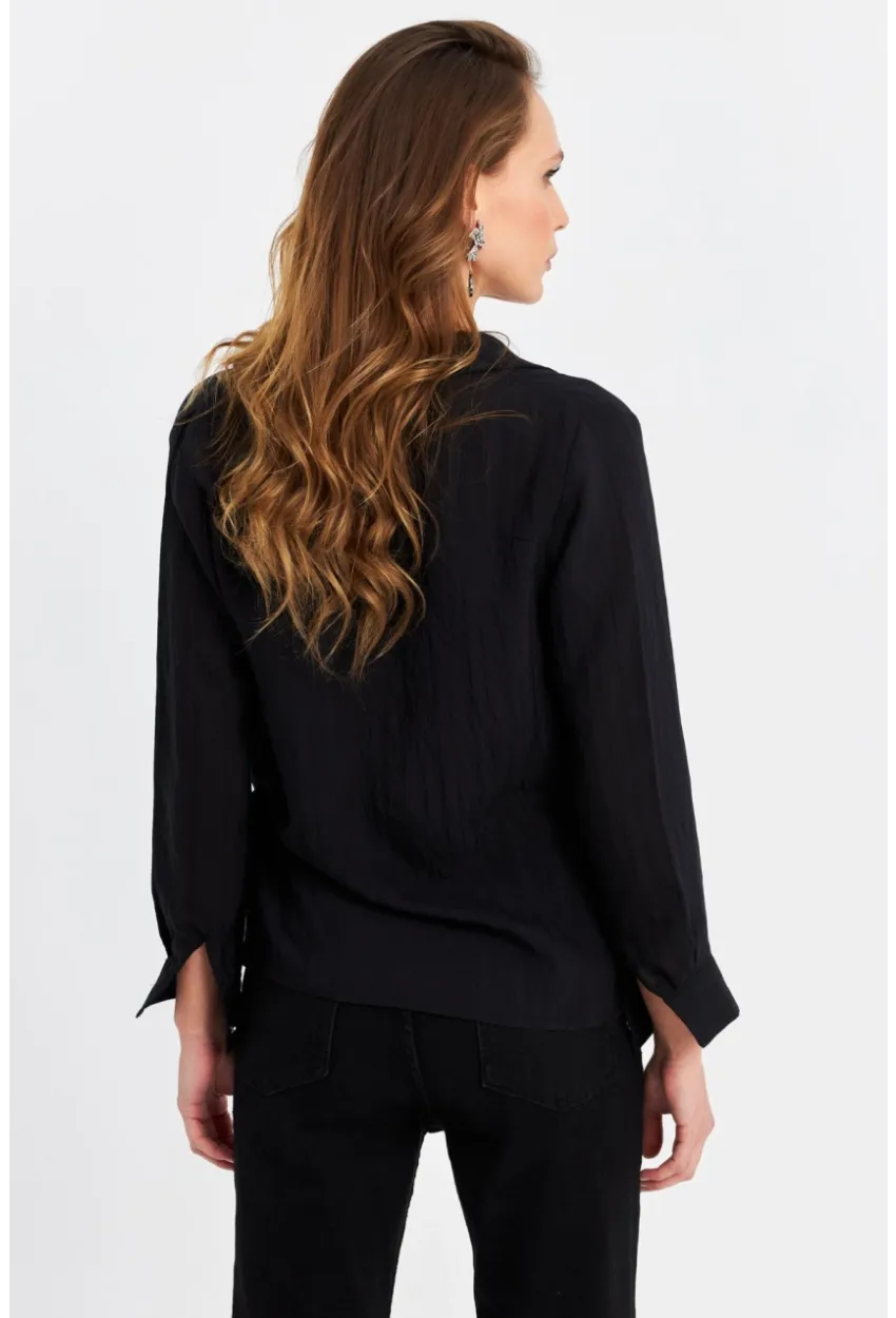 Kadın Siyah Tokalı Kruvaze Gömlek MRS15744