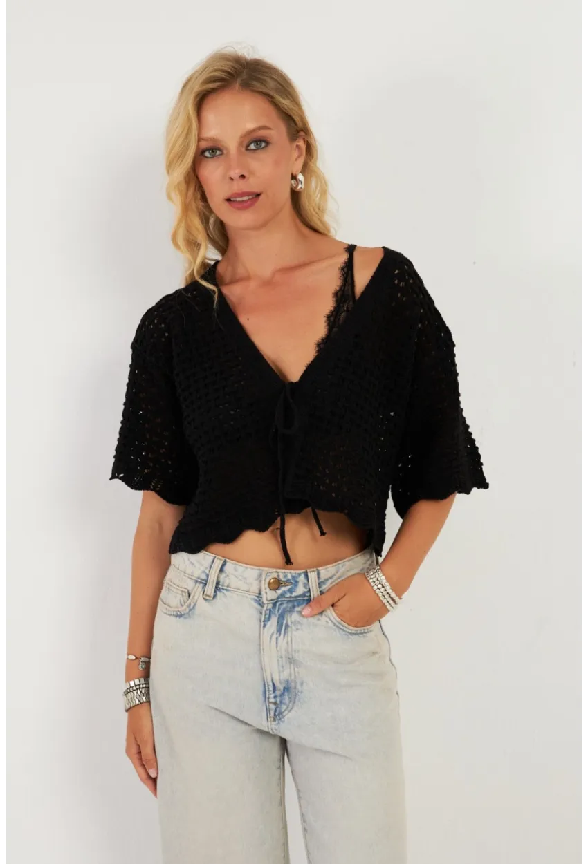 Kadın Siyah Triko Ajurlu Hırka YV255