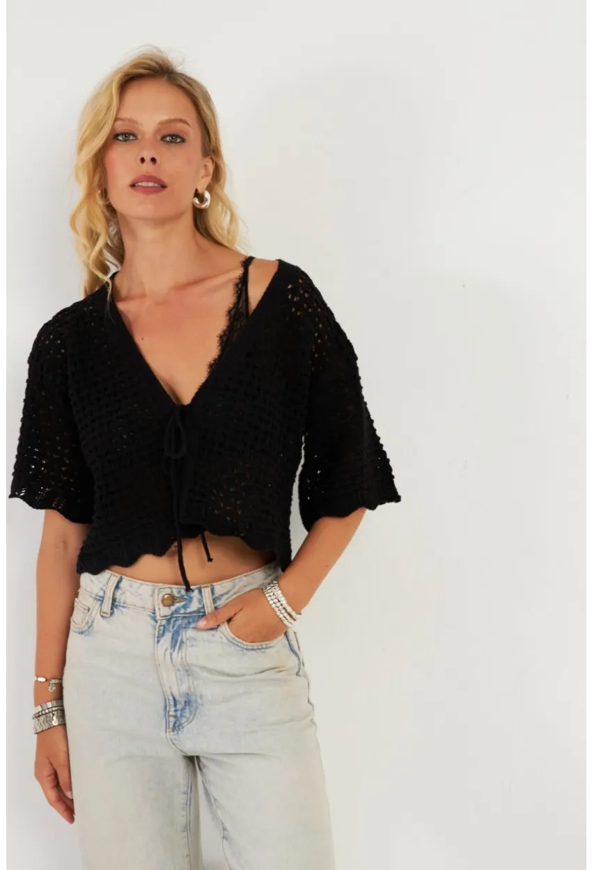 Kadın Siyah Triko Ajurlu Hırka YV255