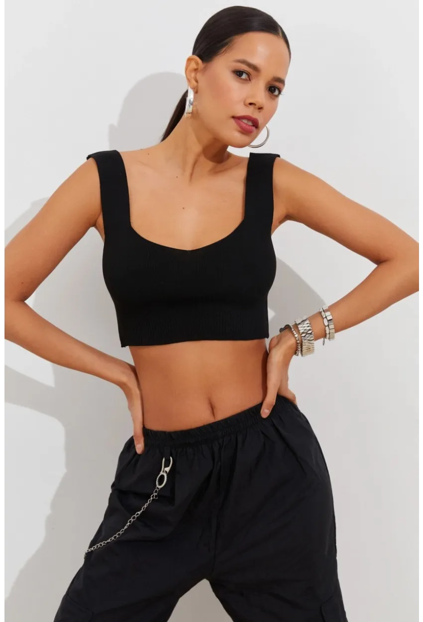 Kadın Siyah Triko Crop Atlet YV118