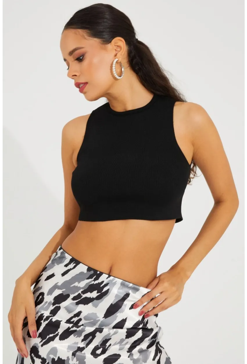 Kadın Siyah Triko Crop Triko Bluz KZ2447