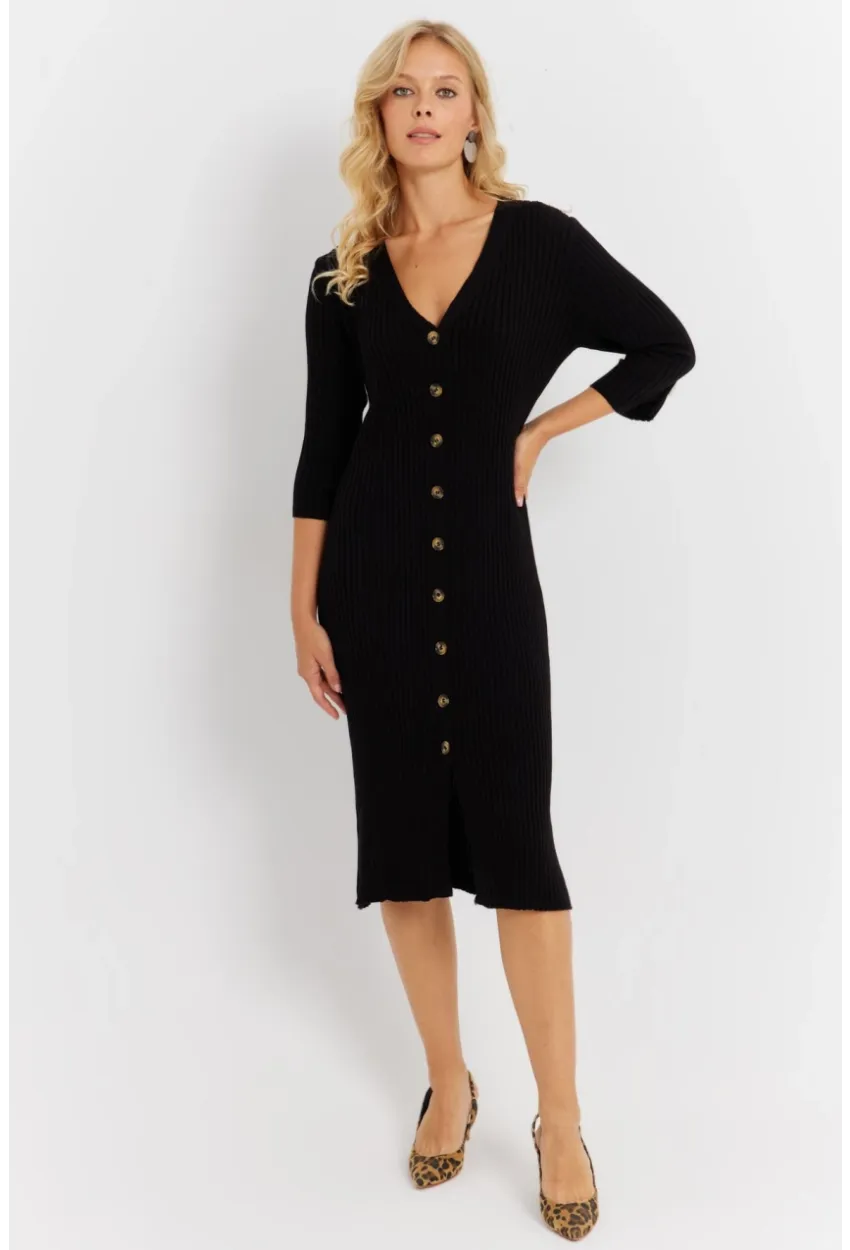 Kadın Siyah Triko Midi Gömlek Elbise YV274