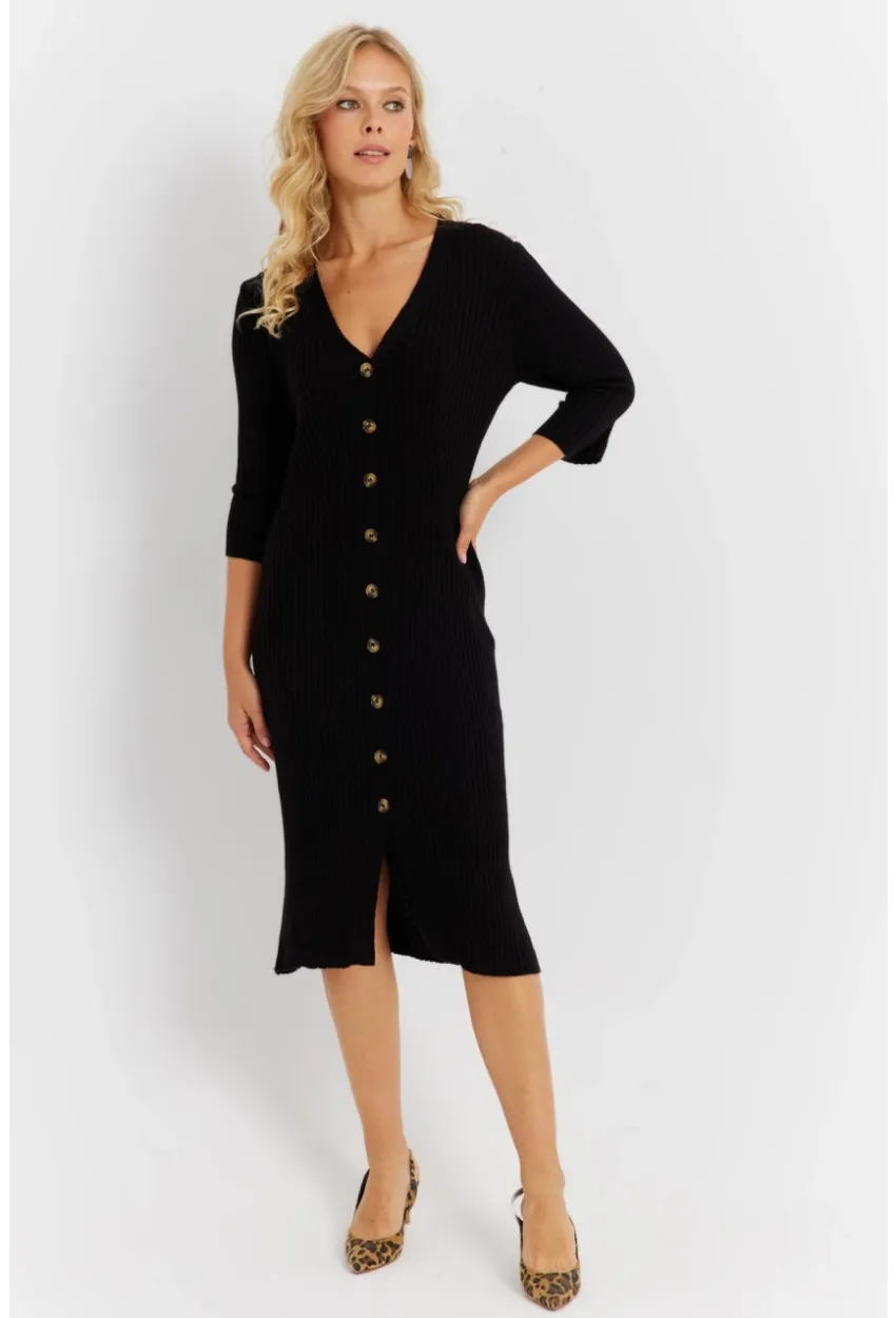 Kadın Siyah Triko Midi Gömlek Elbise YV274