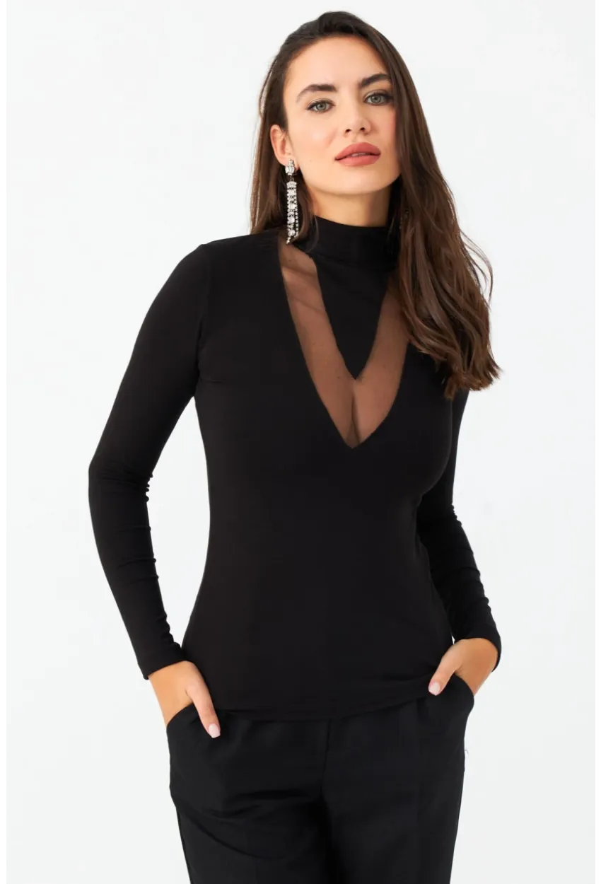 Kadın Siyah Tül Detaylı Bluz EY2977