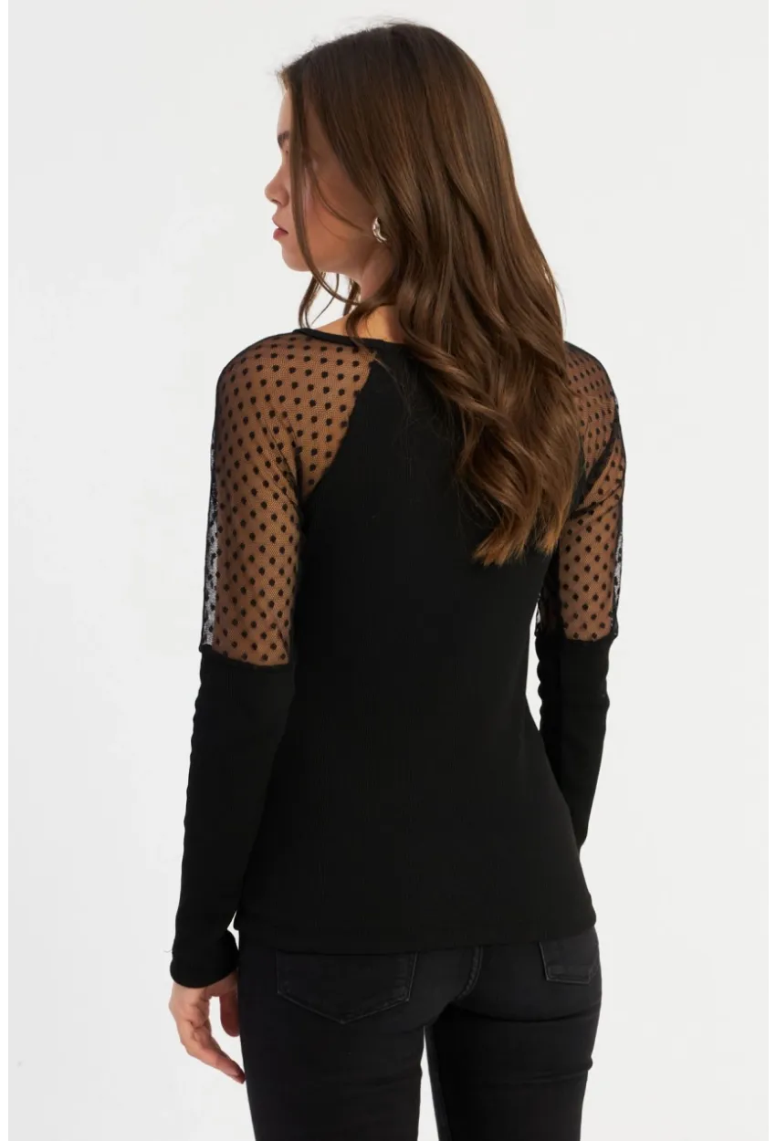 Kadın Siyah Tül Detaylı Kaşkorse Bluz EY2943